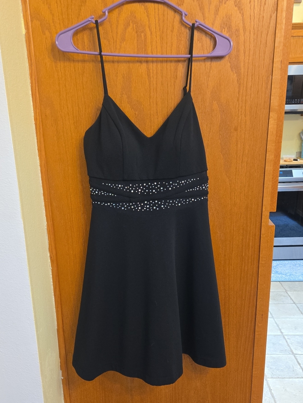 City Triangles Black Spaghetti-Strap Mini Dress with Rhinestone Waist